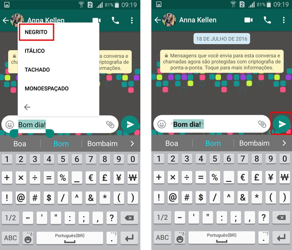 Escolha a formatação para a mensagem no WhatsApp (Foto: Reprodução/Aline Batista)
