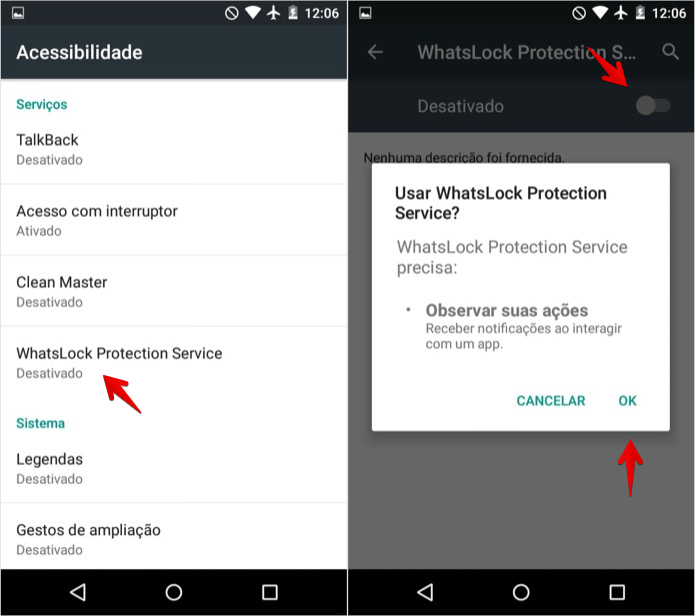 Ativando permissões do WhatsLock nas configurações do Android (Foto: Reprodução/Helito Bijora)