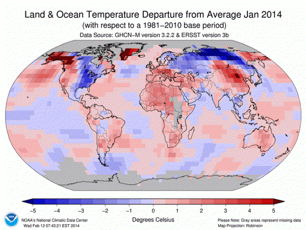 Temperaturas no planeta em janeiro de 2014 em relação a média do mês no século XX. O vermelho mais escuro mostra áreas com 5 graus Celsius acima da média. O azul mais escuro mostra áreas com 5 graus abaixo da média. (Foto: NOAA)