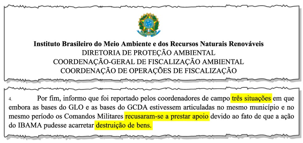 Ofício do Ibama denuncia recusa do Exército em acompanhar operações contra garimpo ilegal na Amazônia — Foto: Reprodução