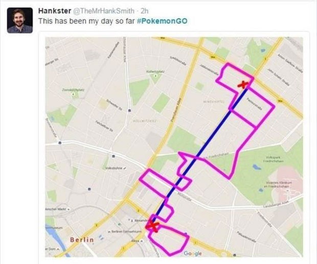 Jogador mostra caminho que fez nas ruas em busca de pokémons. (Foto: BBC/Reprodução/Twitter)