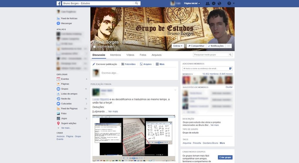 Grupo tem mais de 10,4 mil membros no Facebook que tentam decodificar livros de jovem desaparecido no Acre (Foto: Reprodução/Facebook)