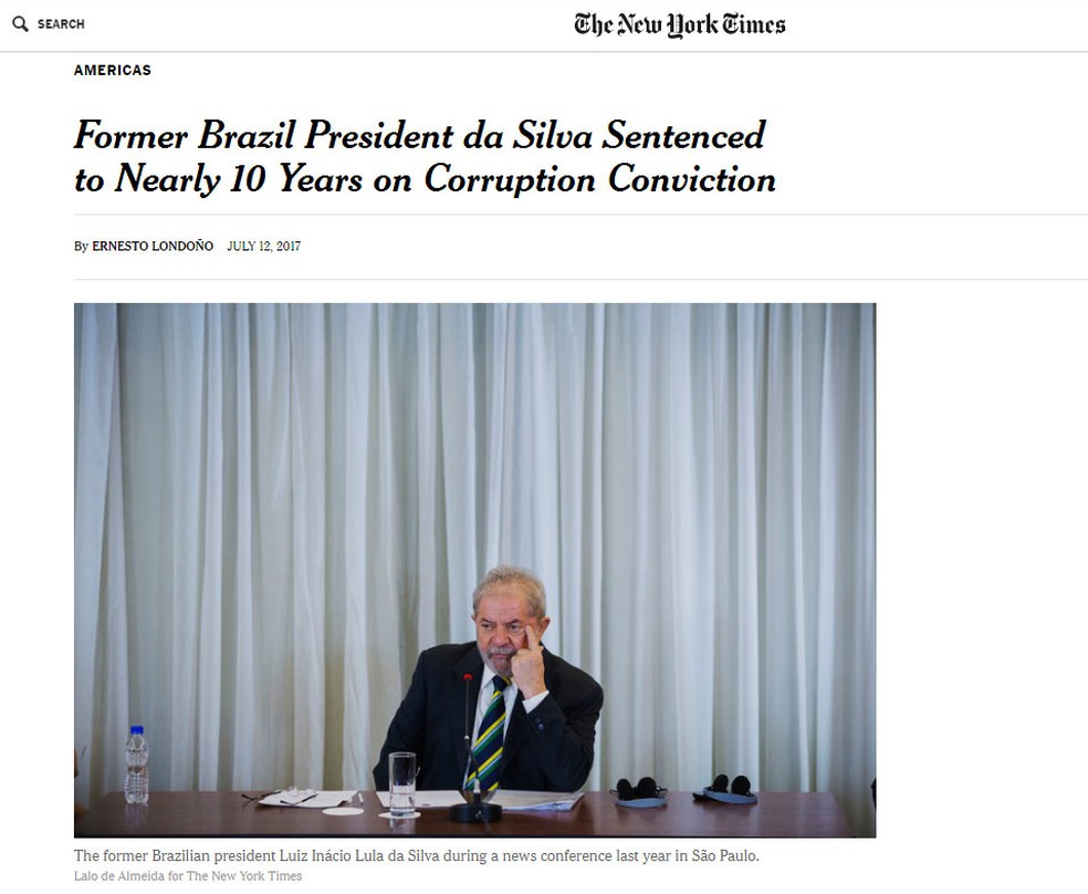 Jornal 'New York Times' noticia a condenação do ex-presidente Lula (Foto: Reprodução/ New York Times)