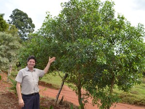 O filho Roberto e uma de suas espécies: seguindo os passos do pai em Campos Gerais (Foto: Lucas Soares / G1)