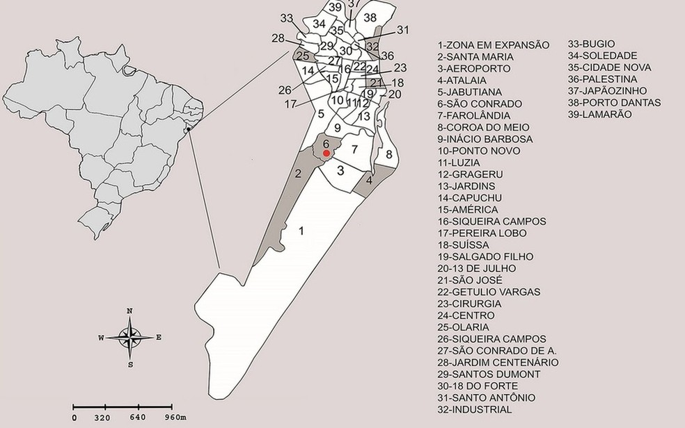 Dos 39 bairros da capital sergipana, seis foram alvo da pesquisa. (Foto: Reprodução/Artigo Científico)