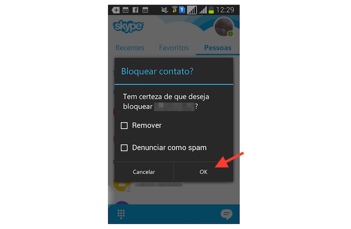 Confirmando o bloqueio de um contato no Skype para Android (Foto: Reprodução/Marvin Costa) Confirmando o bloqueio de um contato no Skype para Android (Foto: Reprodução/Marvin Costa)