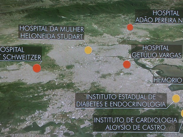 Lista de hospitais em situação grave no Rio (Foto: Reprodução/TV Globo)