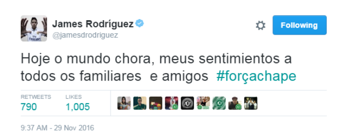 james rodriguez lamenta acidente da chapecoense (Foto: Reprodução Twitter)