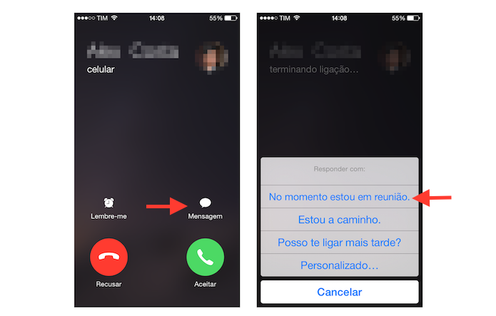 Utilizando a ferramenta de resposta rápida de texto para ligações no iPhone (Foto: Reprodução/Marvin Costa)