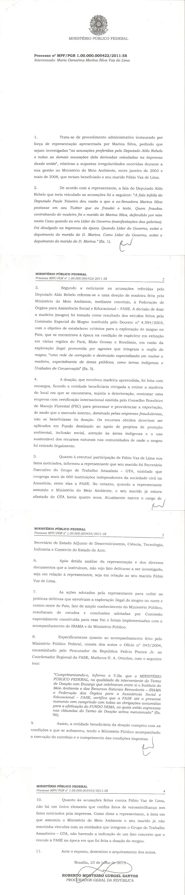 Documento assinado por Roberto Gurgel, defendendo arquivamento do processo contra Marina Silva (Foto: Reprodução)