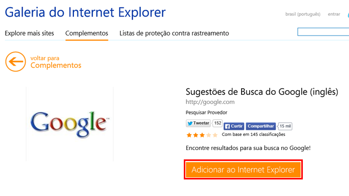 Google pode ser adicionado a partir da página de complementos (foto: Reprodução/Internet Explorer)