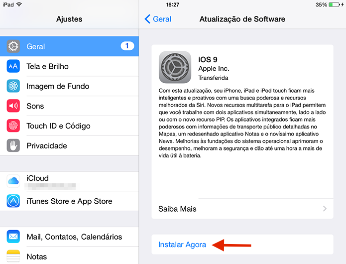 Iniciando o download e instalação do iOS 9 (Foto: Reprodução/Marvin Costa) Iniciando o download e instalação do iOS 9 (Foto: Reprodução/Marvin Costa)