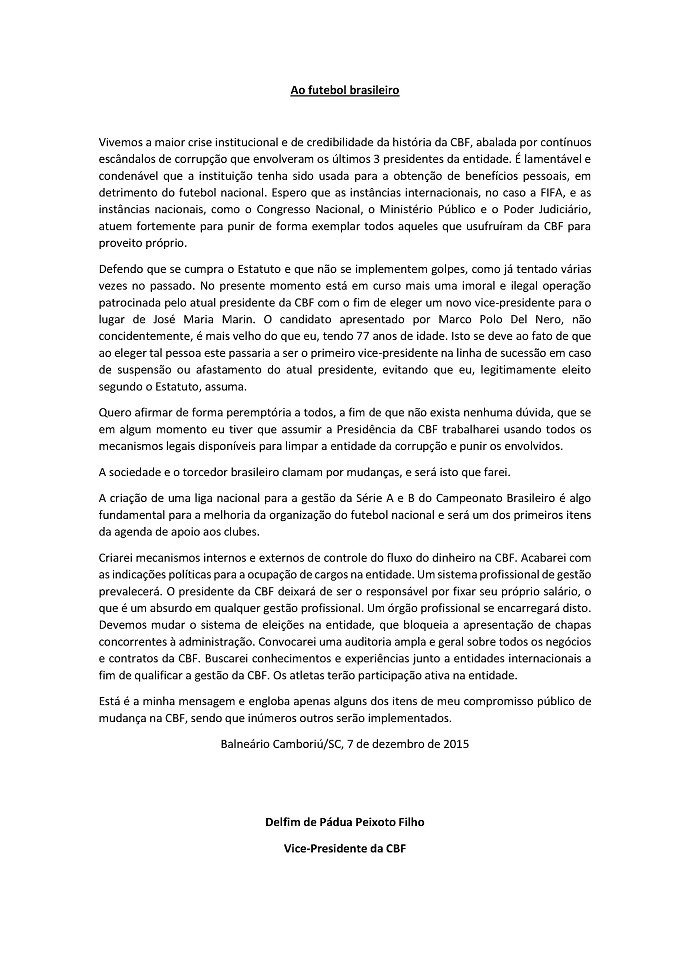 Vice da CBF promete criar liga e não fixar próprio salário se suceder Del Nero