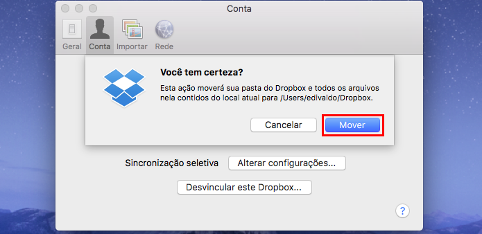 Confirmando a mudança do local da pasta padrão do DropBox (Foto: Reprodução/Edivaldo Brito)