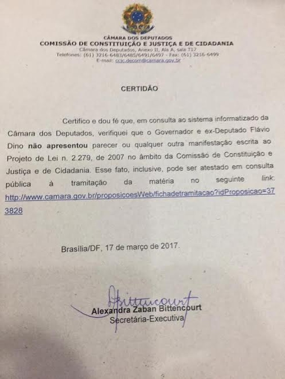 Certidão pedida por Flávio Dino à Câmara dos Deputados (Foto: Divulgação)