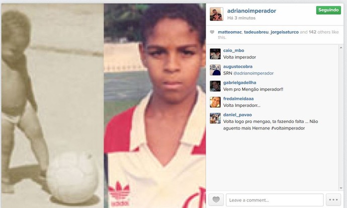 Adriano usa o Instagram para postar imagens quando criança e depois com a camisa do Fla (Foto: Reprodução/Instagram)