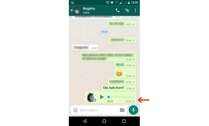 Áudio do WhatsApp com check azul (Foto: Reprodução/Raquel Freire)