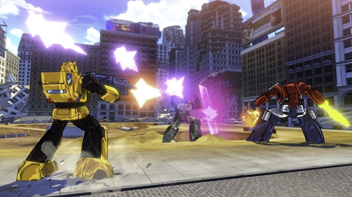 A jogabilidade parece variar bastante, com Bumblebee usando armas, enquanto Optimus e Sideswipe usam espadas (Foto: Reprodução/Gematsu)