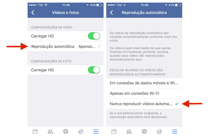 Desativando a reprodução automática de vídeos no Facebook para iPhone (Foto: Reprodução/Marvin Costa) Desativando a reprodução automática de vídeos no Facebook para iPhone (Foto: Reprodução/Marvin Costa)