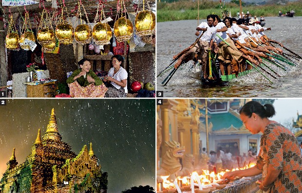 ROTINA PECULIAR 1. Duas vendedoras no mercado de Mandalay oferecem cocos folheados a ouro, que servirão como oferendas numa festa religiosa budista 2. À noite, alguns santuários de Bagan são iluminados por velas e pelas estrelas 3. Uma canoa com 64 remado (Foto: Haroldo Castro/ÉPOCA)