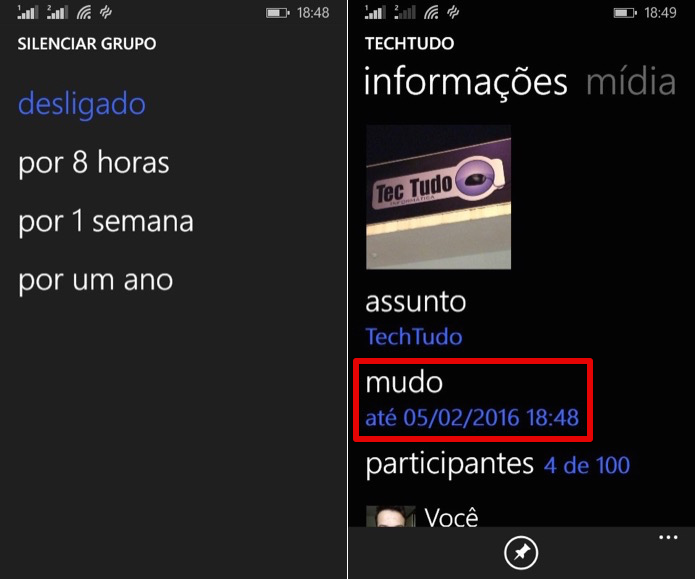Silenciando notificações de um grupo no Windows Phone (Foto: Reprodução/Helito Bijora) (Foto: Silenciando notificações de um grupo no Windows Phone (Foto: Reprodução/Helito Bijora) ) Silenciando notificações de um grupo no Windows Phone (Foto: Reprodução/Helito Bijora) (Foto: Silenciando notificações de um grupo no Windows Phone (Foto: Reprodução/Helito Bijora) )
