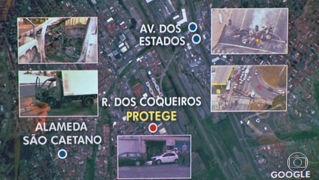 Mapa mostra onde foram as ações do bandidos incendiando veículos e atacando a sede da Protege em Santo André (Foto: TV Globo/Reprodução)