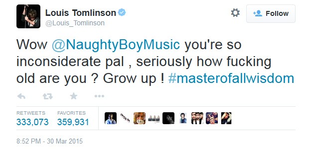 Louis Tomlinson, integrante do One Direction, se sentiu ofendido com lançamento da música de Zayn Malik (Foto: Reprodução/Twitter)