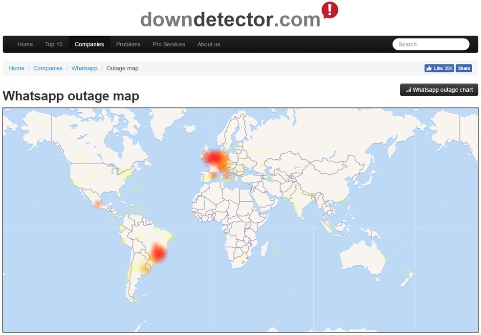 Mapa do site Down Detector mostra relatos de falhas no WhatsApp (Foto: Reprodução/Down Detector)