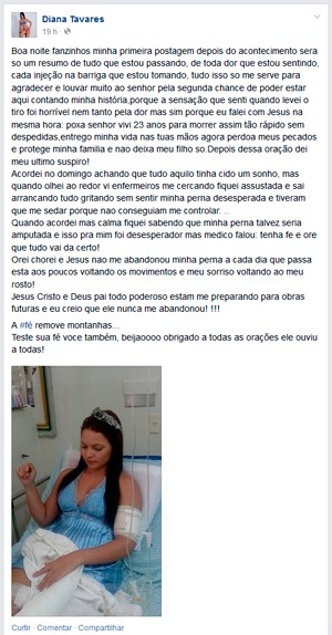 Diana usou a página dela no Facebook para falar sobre como está se sentindo após ter sido baleada (Foto: Reprodução/Facebook)