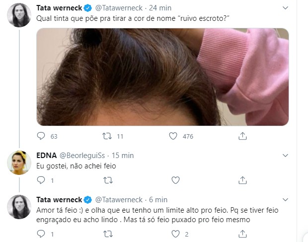Tata Werneck conta aos seguidores que pintou os cabelos (Foto: Reprodução/Twitter) Tata Werneck conta aos seguidores que pintou os cabelos (Foto: Reprodução/Twitter)