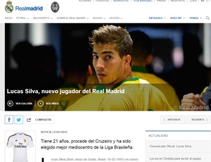 Site Oficial do Real Madrid faz matéria elogiando Lucas Silva, a nova contratação do clube espanhol (Foto: Reprodução / Site Oficial do Real Madrid)