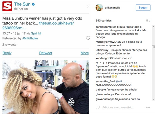 Erika Canela recebe críticas por fazer tatuagem de Donald Trump (Foto: Reprodução/Instagram)