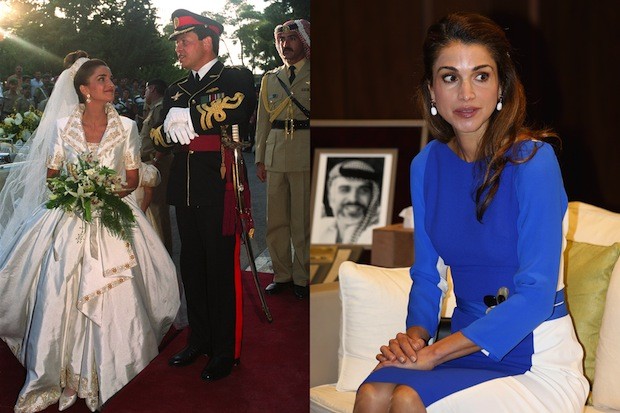 Left to right: Rania, who became Queen of Jordan in 1999, wearing a Bruce Oldfield gown for her wedding to Abdullah II at the Royal Palace in Amman in 1993; Rania’s polished look of today (Foto: Getty)