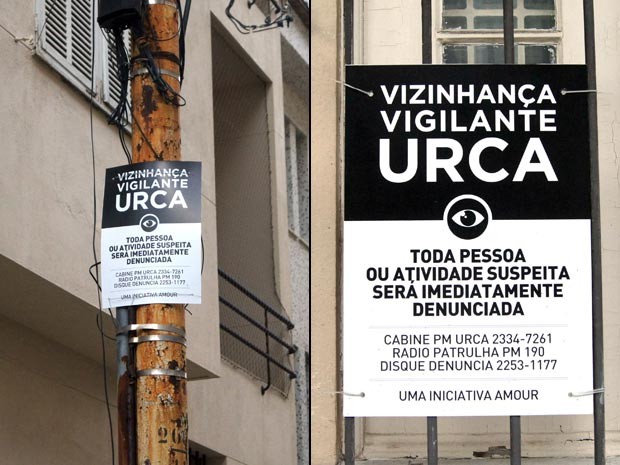 As placas nas ruas Marechal Cantuária e Ramon Franco: cartazes foram motivados por pequenas ocorrências e sequestro-relâmpago no bairro (Foto: Henrique Porto/G1)
