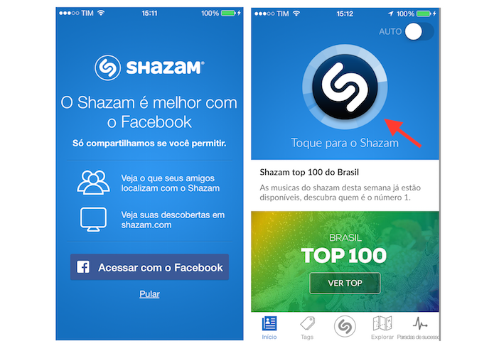 Conectado o Shazam ao Facebook e iniciando o reconhecimento de uma música (Foto: Reprodução/Marvin Costa)
