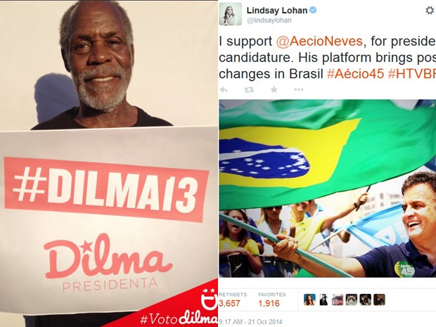 Mensagens publicadas na internet mostram apoio de Danny Glover e Lindsay Lohan a Dilma Rousseff e Aécio Neves (Foto: Reprodução)