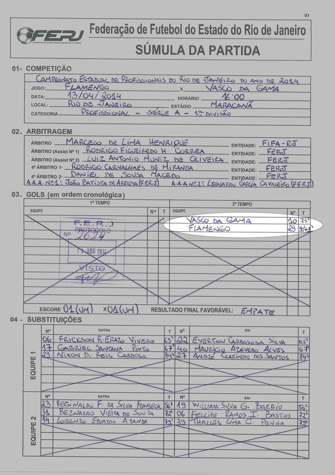 Documento jogo Flamengo Vasco, Gol Nixon (Foto: Reprodução)