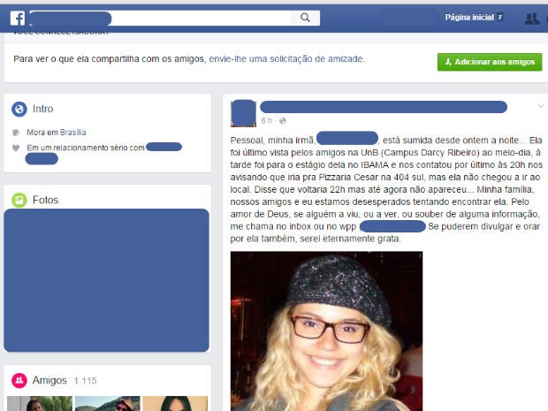 Publicação de irmã em rede social sobre desaparecimento de estudante da UnB (Foto: Facebook/Reprodução)