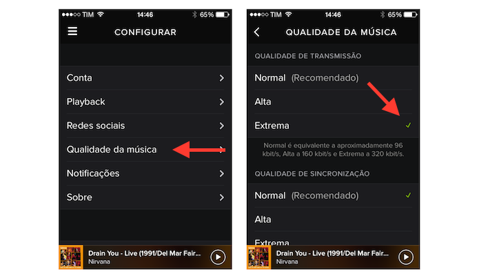 Configurando a qualidade extrema de reprodução de áudio no Spotify para iOS (Foto: Reprodução/Marvin Costa)
