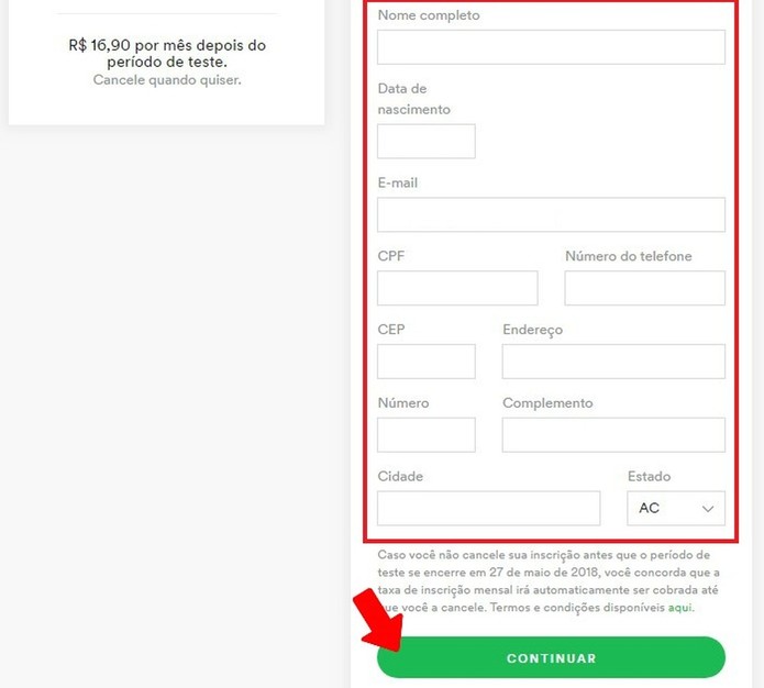 Preencha o formulário de dados pessoais para mudar para plano Premium no Spotify (Foto: Reprodução/Rodrigo Fernandes) Preencha o formulário de dados pessoais para mudar para plano Premium no Spotify (Foto: Reprodução/Rodrigo Fernandes)