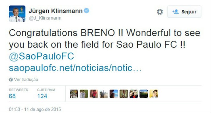 Klinsmann parabeniza Breno (Foto: Reprodução / Twitter)