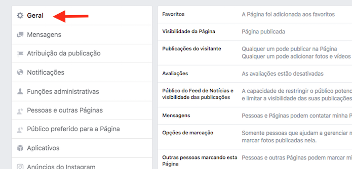 Opções gerais de uma página do Facebook (Foto: Reprodução/Marvin Costa)