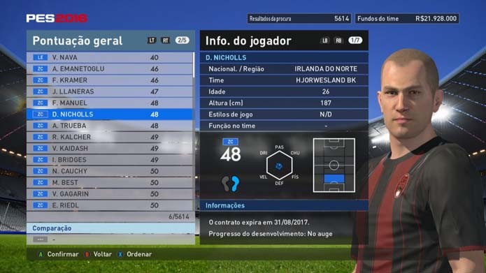 Nicholls se destaca pelos problemas físicos em PES 2016 (Foto: Reprodução/Murilo Molina)