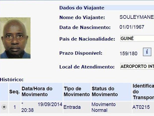 Africano chegou ao Brasil no dia 19 de setembro (Foto: DivulgaÃ§Ã£o / PolÃ­cia Federal)