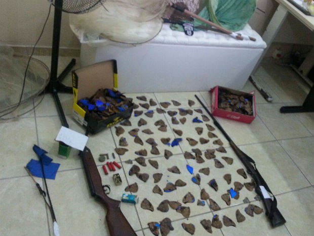 Polícia também apreendeu objetos utilizados em caça, espingardas e munição (Foto: Divulgação/Polícia Ambiental) Polícia também apreendeu objetos utilizados em caça, espingardas e munição (Foto: Divulgação/Polícia Ambiental)