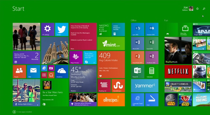 Tela inicial do Windows 8.1 Update com botão desligar, pesquisa e configurações (Foto: Reprodução/Microsoft)