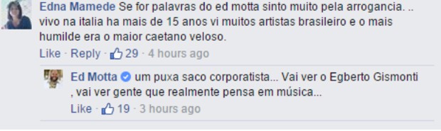 Ed Motta responde a comentário em sua página no Facebook (Foto: Reprodução / Facebook)