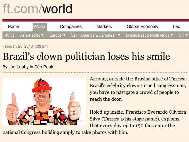 Imagem do site do 'Financial Times' com reportagem sobre o deputado Tiririca (Foto: Reprodução)