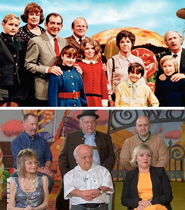 O elenco de 'A Fantástica Fábrica de Chocolate' em 1971 e hoje (Foto: Reprodução)