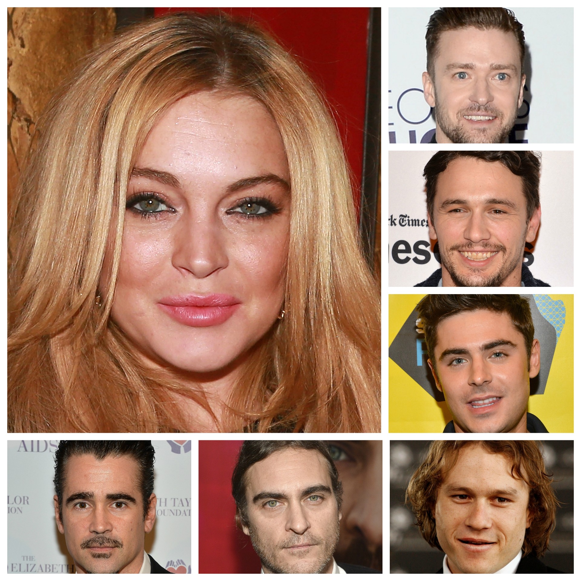 Lindsay Lohan cercada por alguns de seus supostos ex-amantes, em sentido horário: Justin Timberlake, James Franco, Zac Efron, Heath Ledger, Joaquin Phoenix e Colin Farrell. (Foto: Getty Images)